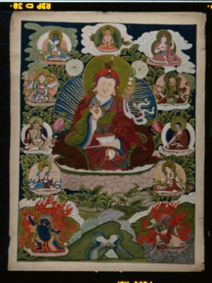 view Guru Rinpoche (Padmasambhava), the main founder of Buddhism in Tibet, surrounded by other forms of himself. Gouache painting by a Tibetan artist.