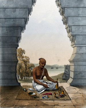 view A Brahmin praying to Vishnu, pouring water on the saligram. Lithograph.