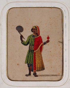 A figure dressed as half male and half female, holding a fan in one hand and a ritual object in the other. Gouache painting on mica by an Indian artist.