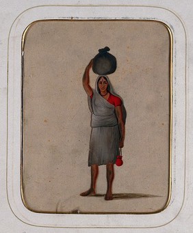 A woman with a Vishnu mark on her forehead, carrying a cloth bundle on her head. Gouache painting on mica by an Indian artist.