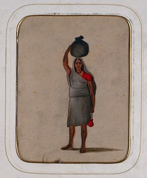 view A woman with a Vishnu mark on her forehead, carrying a cloth bundle on her head. Gouache painting on mica by an Indian artist.