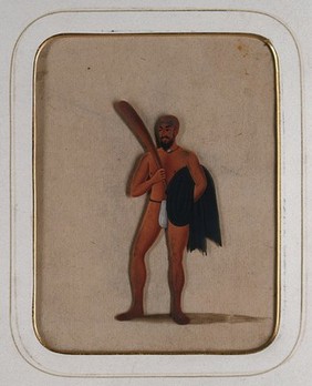 A bald man wearing a loin cloth, holding a wooden club and a black piece of cloth. Gouache painting on mica by an Indian artist.