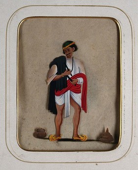 A man wearing a green cap with a black shawl draped over his shoulder holding two sticks (?). Gouache painting on mica by an Indian artist.