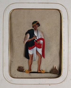 view A man wearing a green cap with a black shawl draped over his shoulder holding two sticks (?). Gouache painting on mica by an Indian artist.