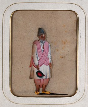An elderly Muslim man wearing a blue cap. Gouache painting on mica by an Indian artist.