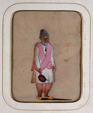 view An elderly Muslim man wearing a blue cap. Gouache painting on mica by an Indian artist.