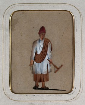 A young man holding rosary beads in one hand and a tool of his trade in the other. Gouache painting on mica by an Indian artist.