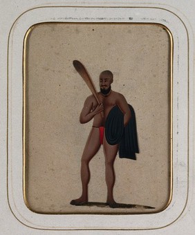 A bald man wearing a red loin cloth holding a club and a black cloth. Gouache painting on mica by an Indian artist.