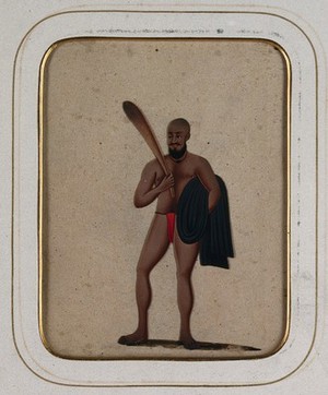 view A bald man wearing a red loin cloth holding a club and a black cloth. Gouache painting on mica by an Indian artist.