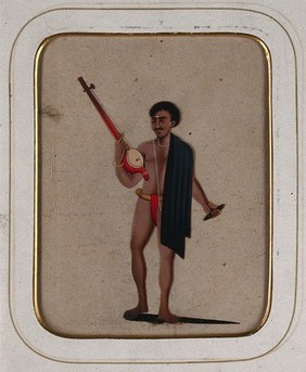 A man wearing a loin cloth and a black shawl holding musical instruments in both hands. Gouache painting on mica by an Indian artist.