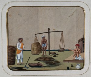 view A man getting wood weighed before buying it from a woodcutter's shop. Gouache painting on mica by an Indian artist.