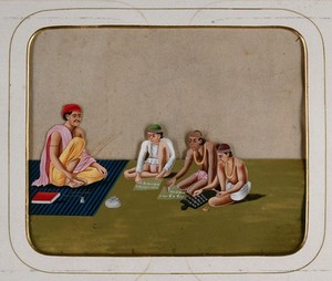 view A teacher giving lessons to three children who are busy writing. Gouache painting on mica by an Indian artist.