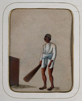 A sweeper holding a jhadu (broom). Gouache painting on mica by an Indian artist.