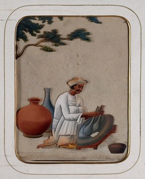 A man pounding (?) with pestle type equipment in both hands. Gouache painting on mica by an Indian artist.