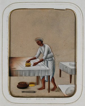 view A man ironing clothes. Gouache painting on mica by an Indian artist.