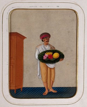 view A servant holding a platter of fruit. Gouache painting on mica by an Indian artist.
