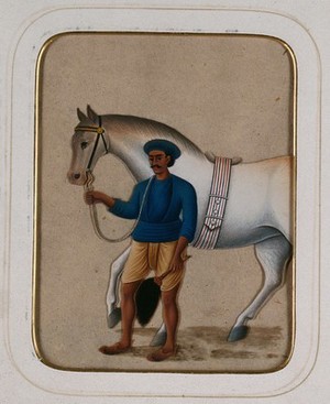view A groom leading a horse. Gouache painting on mica by an Indian artist.