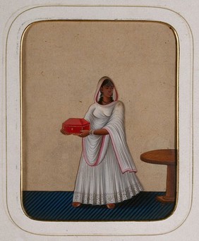 A maidservant holding a jewellery box. Gouache painting on mica by an Indian artist.