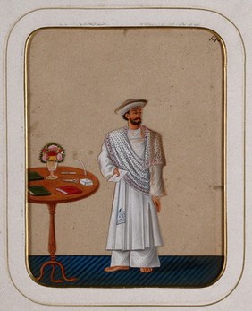 A messenger holding a sealed letter. Gouache painting on mica by an Indian artist.