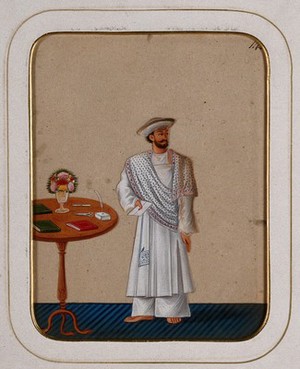 view A messenger holding a sealed letter. Gouache painting on mica by an Indian artist.