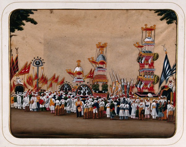 Festival of Muḥarram: a procession of musicians, people carrying pennants and replicas of the martyrs' tombs. Gouache painting on mica by an Indian artist.