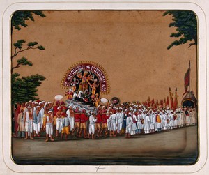 view Durga Puja: a procession carrying an idol of Durga to honour her victory over evil. Gouache painting on mica by an Indian artist.