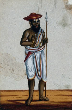 view A man wearing a white dress and a red cap, holding a spear. Gouache painting on mica by an Indian artist.