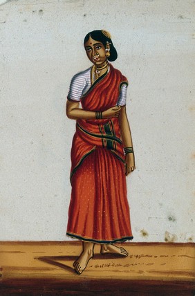 A woman wearing a red sari. Gouache painting on mica, by an Indian artist.