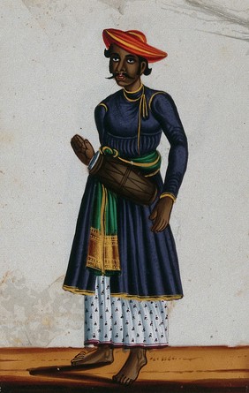 A drummer of Moorish descent (?). Gouache painting on mica, by an Indian artist.