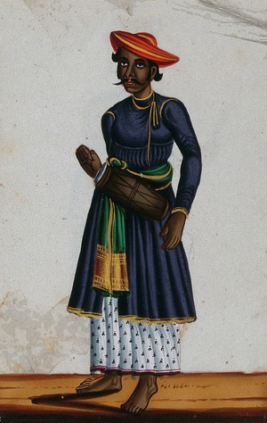 view A drummer of Moorish descent (?). Gouache painting on mica, by an Indian artist.