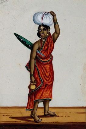 The wife of a man of "Pundarum caste". Gouache painting on mica, by an Indian artist.