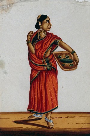view A Brahmin's wife holding a basket. Gouache painting on mica, by an Indian artist.