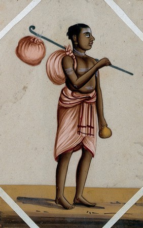 A Sikh pandit's servant. Gouache painting on mica, by an Indian artist.