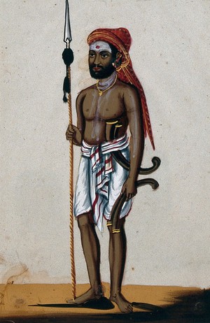 view A hunter holding a spear. Gouache painting on mica by an Indian artist.