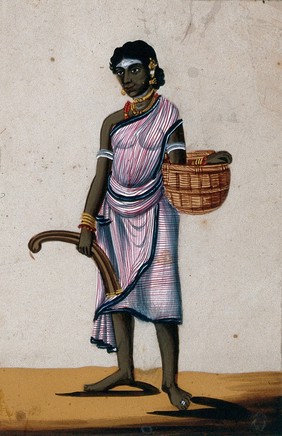 A hunter's wife holding a basket. Gouache painting on mica by an Indian artist.