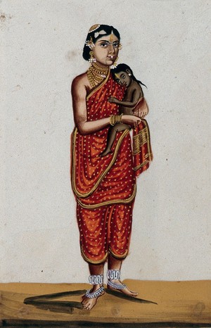 view A Brahmin's wife holding her child. Gouache painting on mica by an Indian artist.