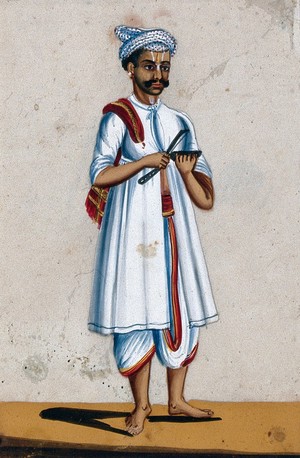 view A barber holding his knife and bowl. Gouache painting on mica by an Indian artist.