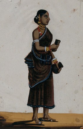 A oil monger's wife holding a pot. Gouache painting on mica by an Indian artist.