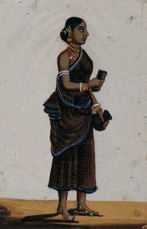 view A oil monger's wife holding a pot. Gouache painting on mica by an Indian artist.