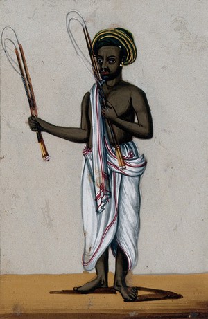 view A whip seller holding his whips. Gouache painting on mica by an Indian artist.