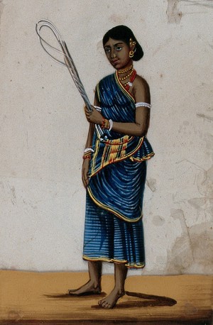 view A whip sellers's wife holding some whips. Gouache painting on mica by an Indian artist.