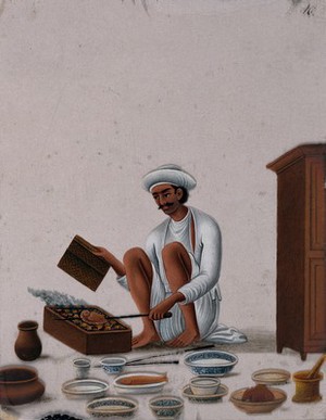 view A man cooking meat on an Indian barbeque. Gouache painting on mica by an Indian artist.