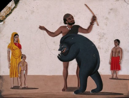 A street entertainer making a bear perform. Gouache painting on mica by an Indian artist.