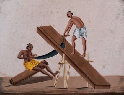 Two men sawing a large block of wood. Gouache painting on mica by an Indian artist.