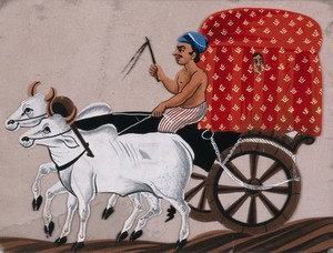 view A man driving a bullock pulled covered carriage with a woman sitting inside. Gouache painting on mica by an Indian artist.