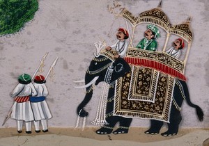 view A man of high rank sitting on an elaborate howdah (canopied seat) on top of an elephant, preceded by two guards. Gouache painting on mica by an Indian artist.