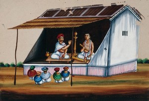 view Two men reciting the Ramayana to an audience. Gouache painting on mica by an Indian artist.