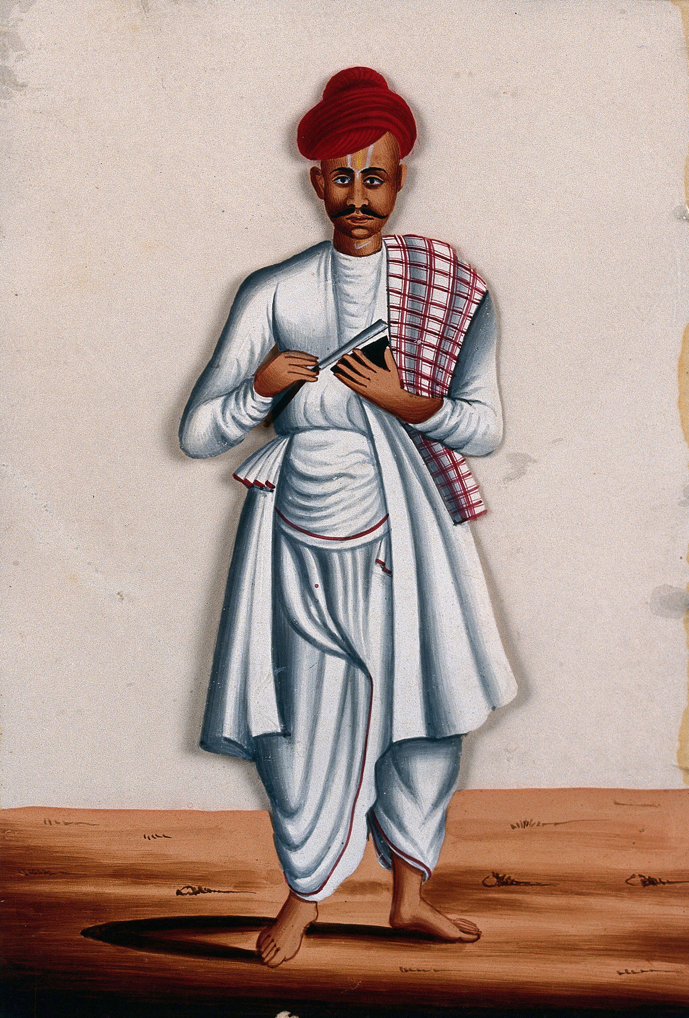 A Man Carrying A Barber S Knife And Bowl Gouache Painting On Mica