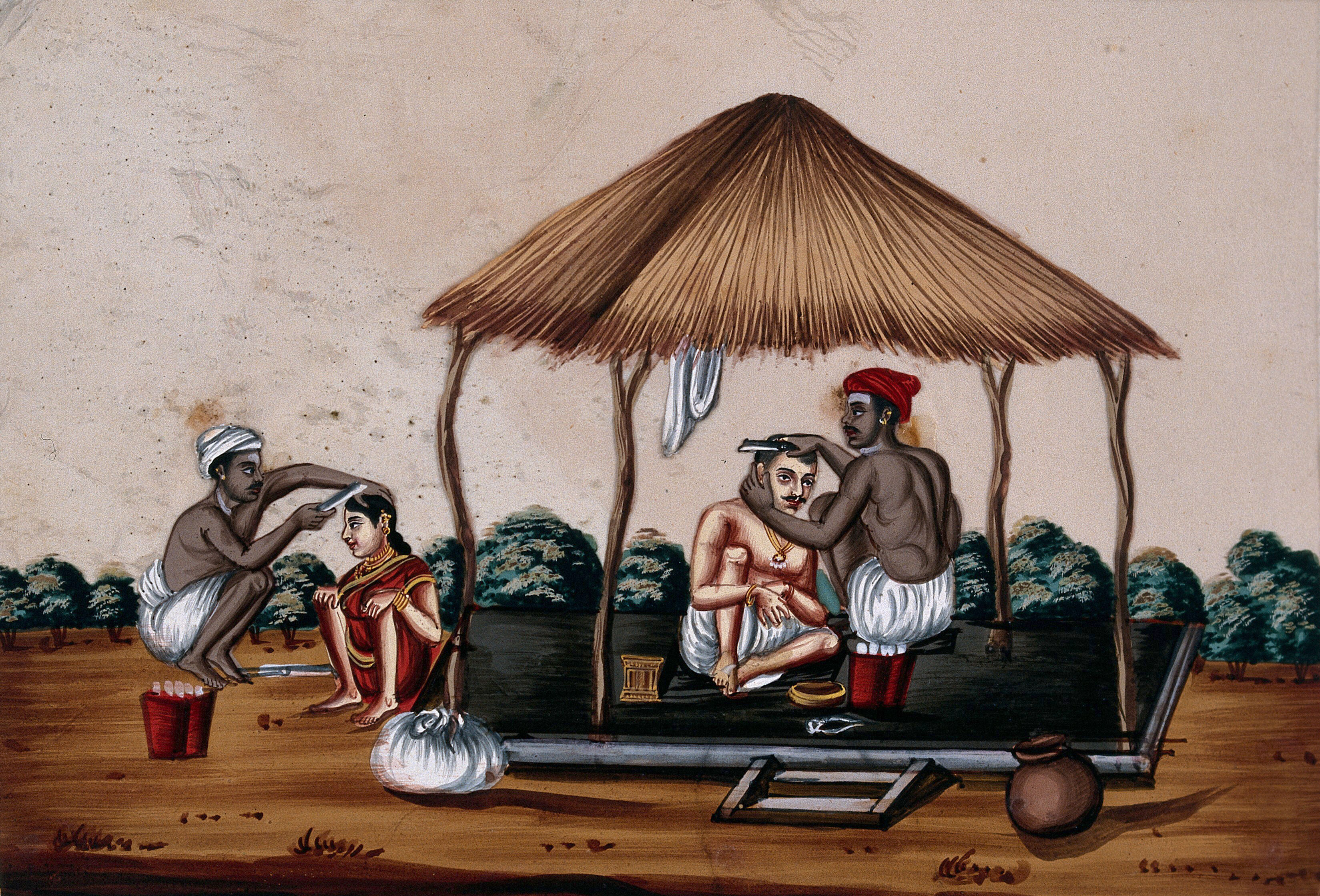 Two Barbers At Work Gouache Painting On Mica By An Indian Artist