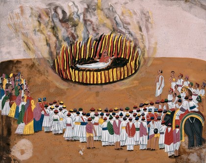 Sati (suttee): a widow immolating herself on her husband's funeral pyre, as a group of people look on. Gouache painting on mica by an Indian artist.